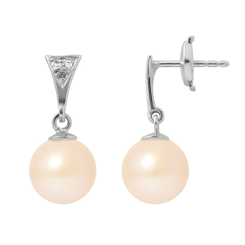 Boucles d'Oreilles Femme Perles de Culture Roses, Diamants et Or Blanc 750/1000