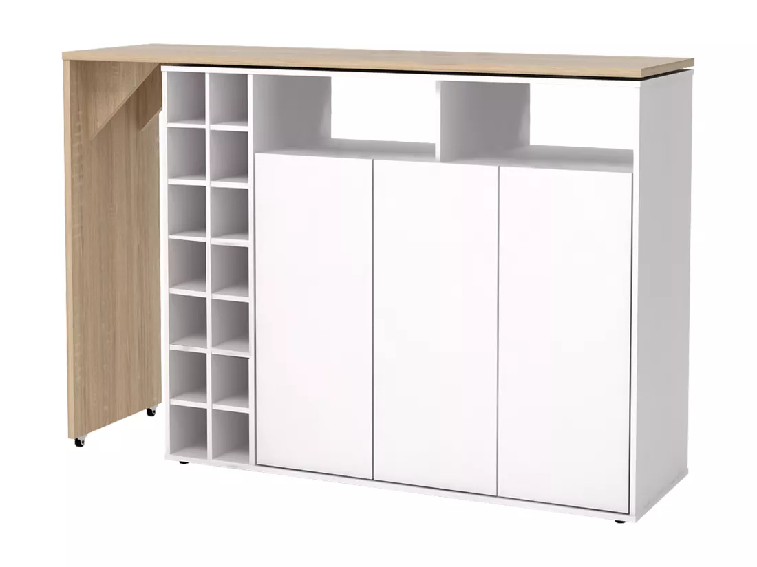 Meuble de bar pivotant avec rangements - Blanc et Naturel - VINALO