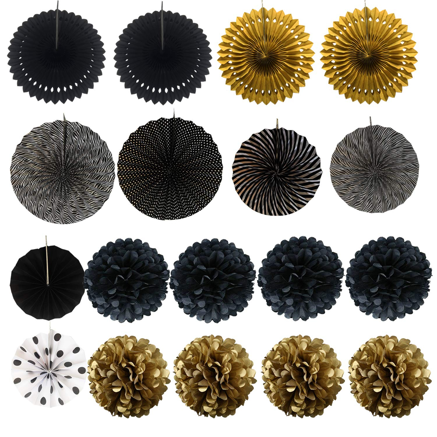 (20-tlg. Set) Papier Wimpelkette Fahnen Girlande Party Dekoration Pompon's / Rosetten - Schwarz / Gold