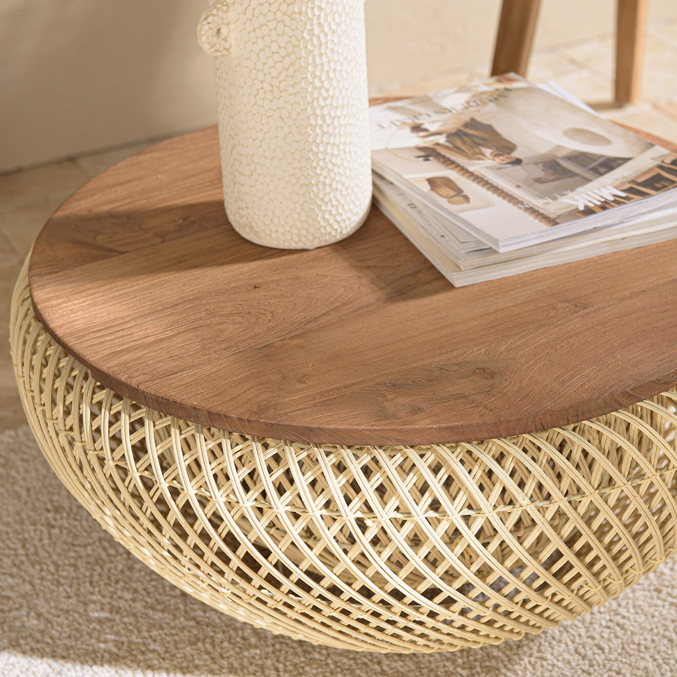 Macabane Table basse ronde en rotin beige plateau amovible Sixtine naturel - D.65x32 cm