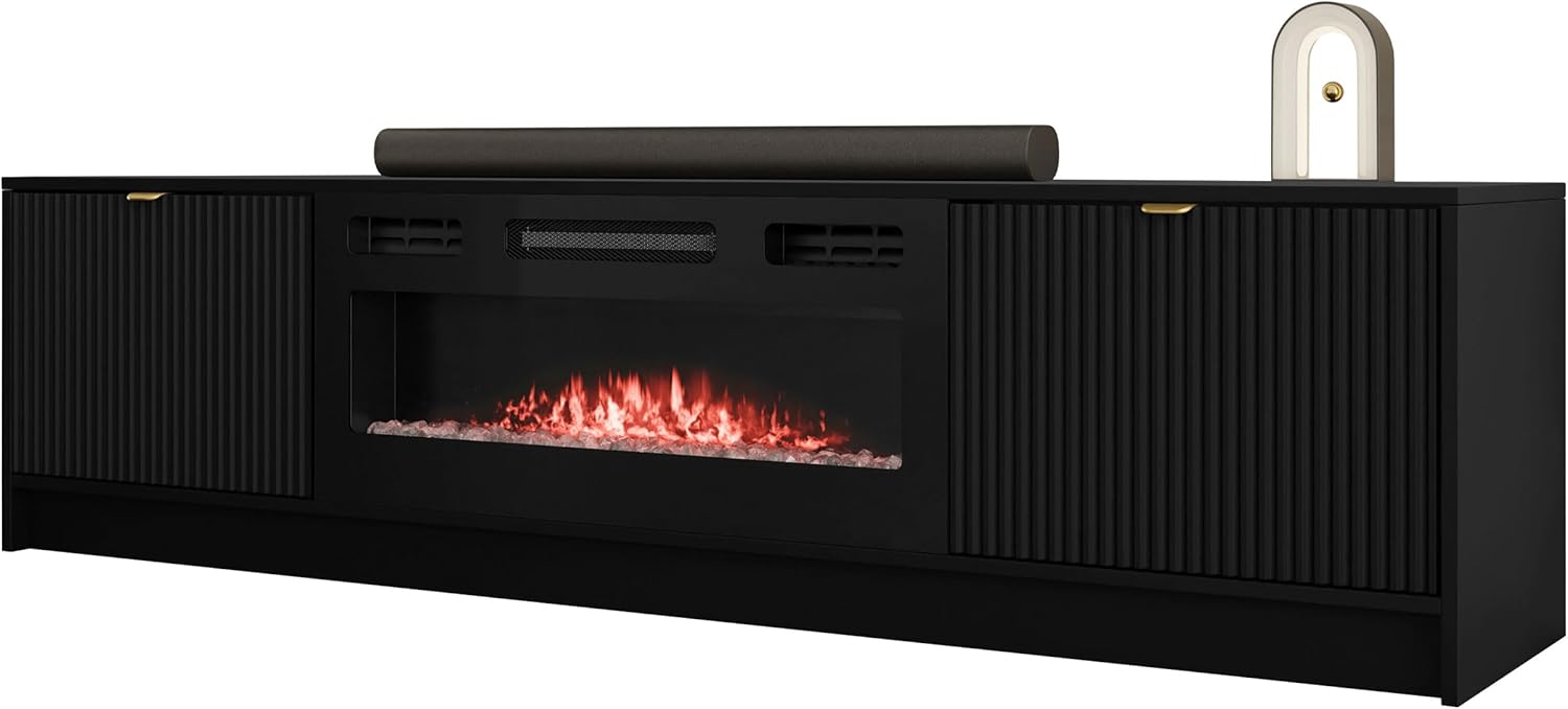 Mirjan24 TV Schrank Tireno EF mit Elektrischem Kamin mit Heizung, Realistische LED-Flamme, 2 Klappe, gefräster Front, Fernsehschrank, TV Lowboard Fernsehtisch (Schwarz Molet)