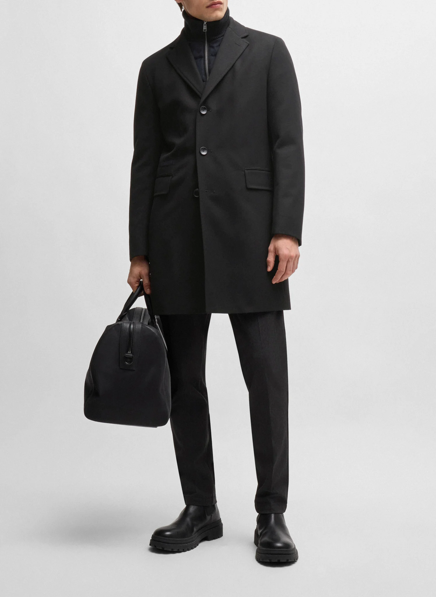 Manteau col tailleur en laine mélangée | Noir