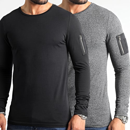 Lot de 2 Tee Shirts Manches Longues Bomber 2494 Noir Et Gris Anthracite Chiné