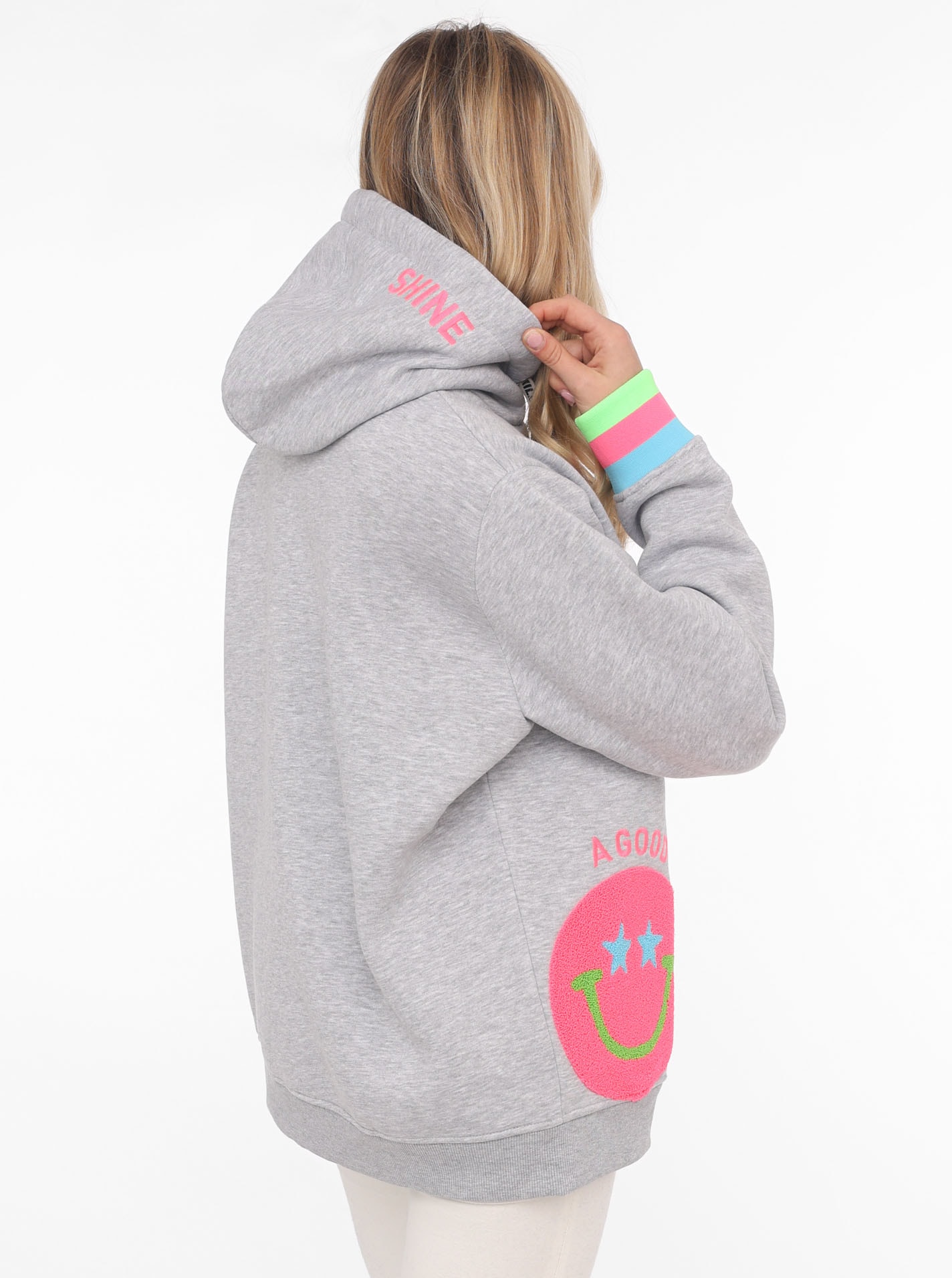 Zwillingsherz Hoodie »Always Happy«, Smiley aus Frottee, Neon-Details, Kapuze, Langarm