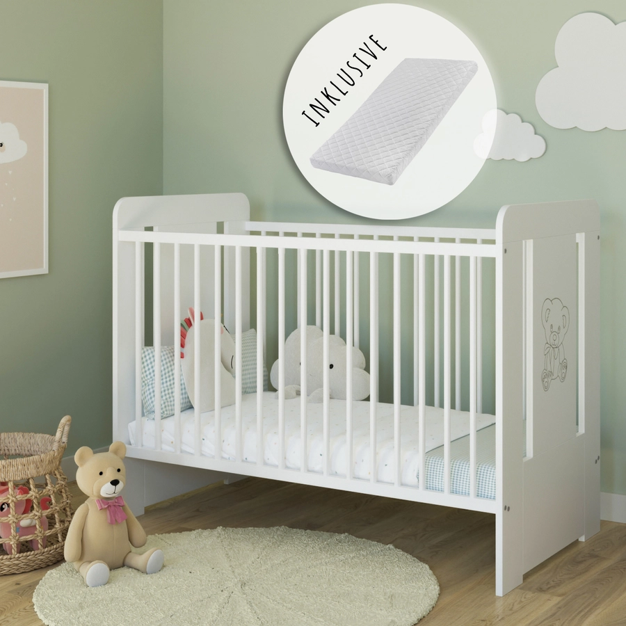 Kids Collective Babybett Gitterbett 60x120 höhenverstellbar|herausnehmbare Sprossen weiß mit Matratze