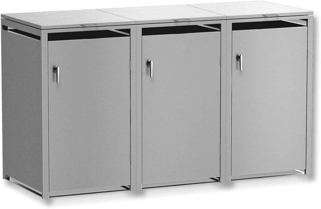 Metzler Mülltonnenbox 3er 240L in Graualuminium, Mülltonnenverkleidung für 3 Tonnen abschließbar und mit Automatikdeckel, pulverbeschichteter & witterungsbeständiger Stahl in RAL9007, Müllbox rostfrei