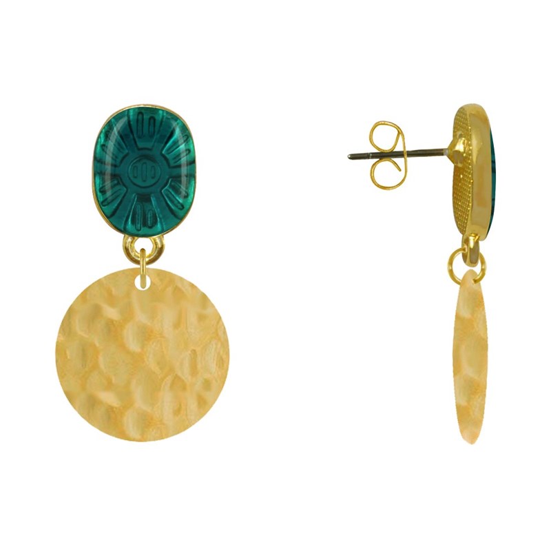 Boucles d'Oreilles Laiton Doré Ovale Soleil en Résine et Pastille Martelée