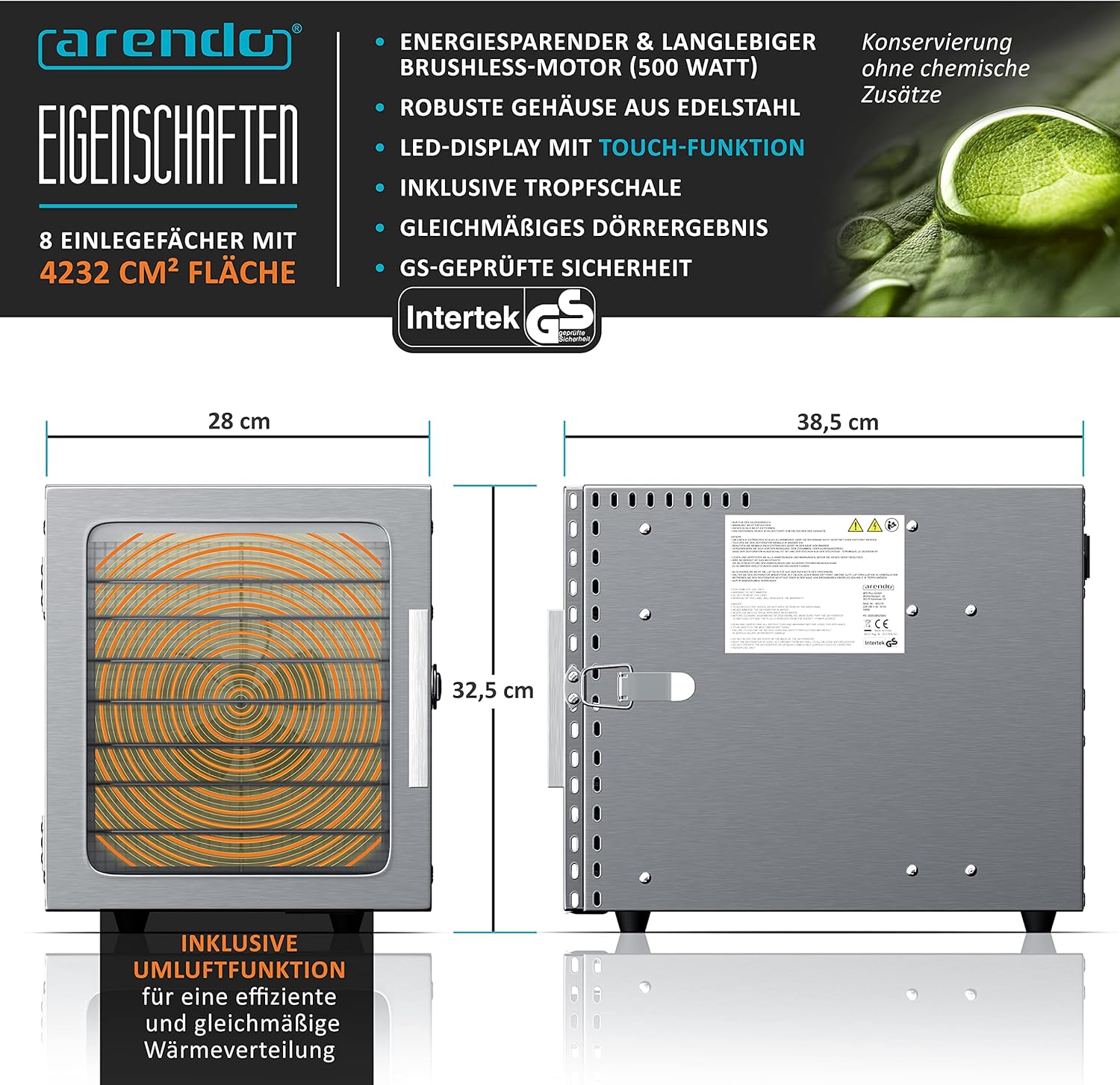 Arendo - Edelstahl Dörrautomat 8 fach - 500 Watt mit Temperaturregler - Dörrgerät für Lebensmittel Fleisch Früchte Obst Pilze - Timer bis zu 24 h - 8 Einlegefächer - GS - Dehydrator