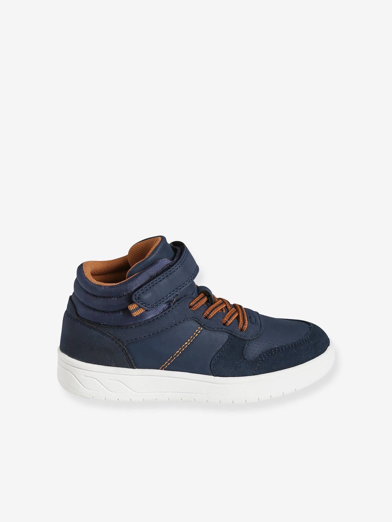 Tênis de cano alto com cadarços e fecho de velcro, azul escuro liso para meninos