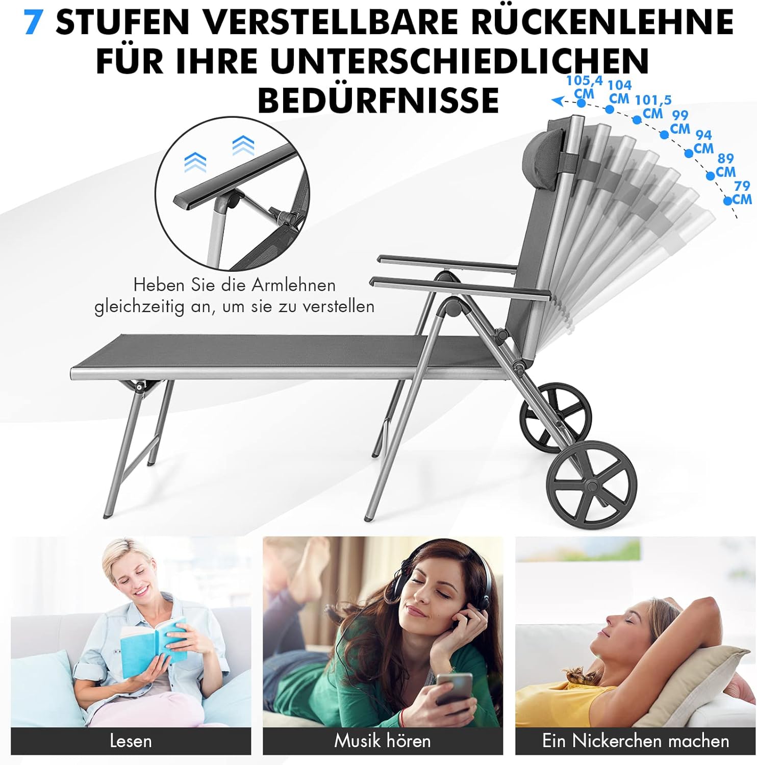 COSTWAY Sonnenliege Aluminium mit Rollen, klappbare Gartenliege mit hoher Sitzhöhe, Verstellbarer Rückenlehne und abnehmbarem Kopfkissen, Liegestuhl, Klappliege für Garten, Balkon, Terrasse
