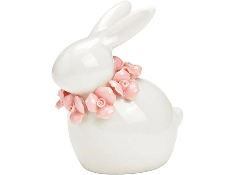G. Wurm Aufsteller Hase mit Blumenkranz 9 cm, Rosa, Weiss Dekofigur