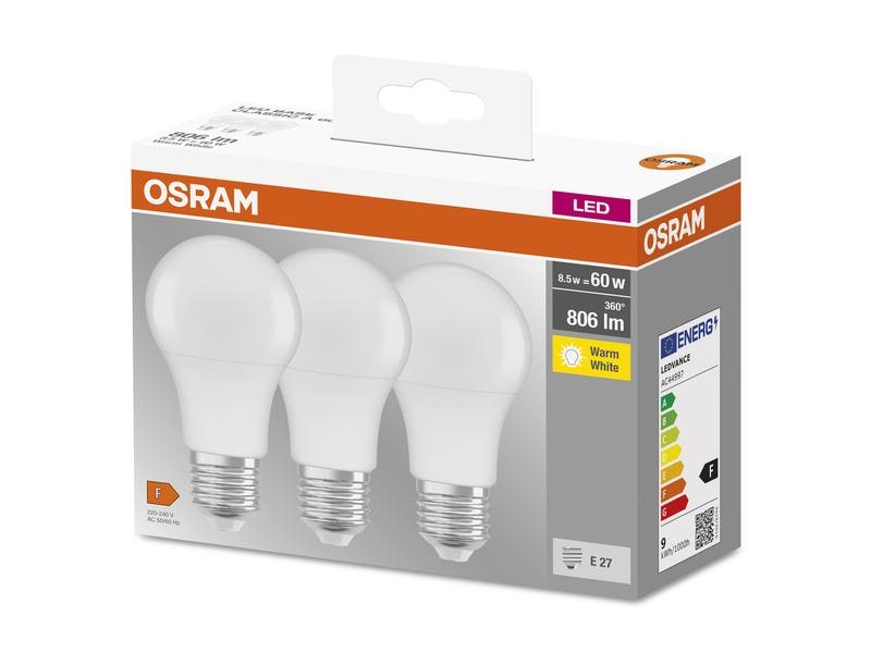 OSRAM Lampe LED BASE CLASSIC A 8.5W, E27, Warmweiss, 3 Stüc LED-Lampen, klassische Kolbenform