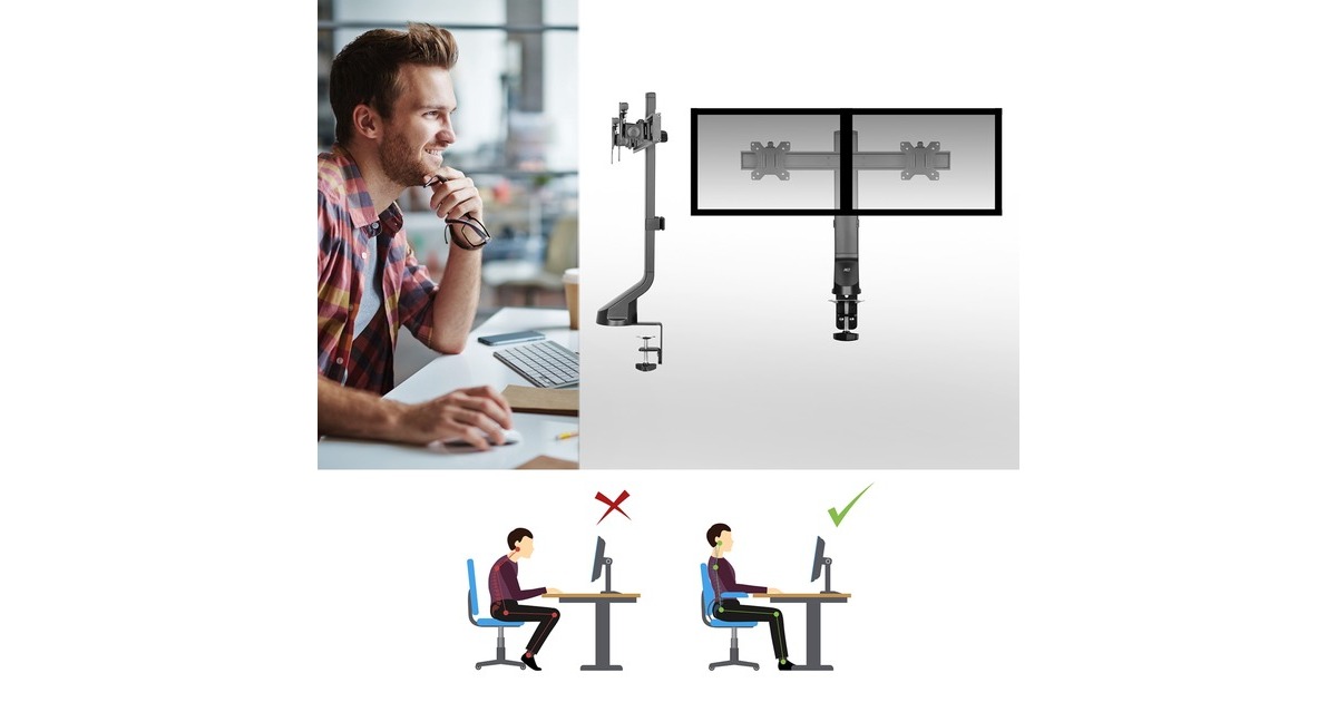 ACT ConnectivityMonitorarm office, op voet met gasveer, crossbar, 2 schermen  (Zwart)