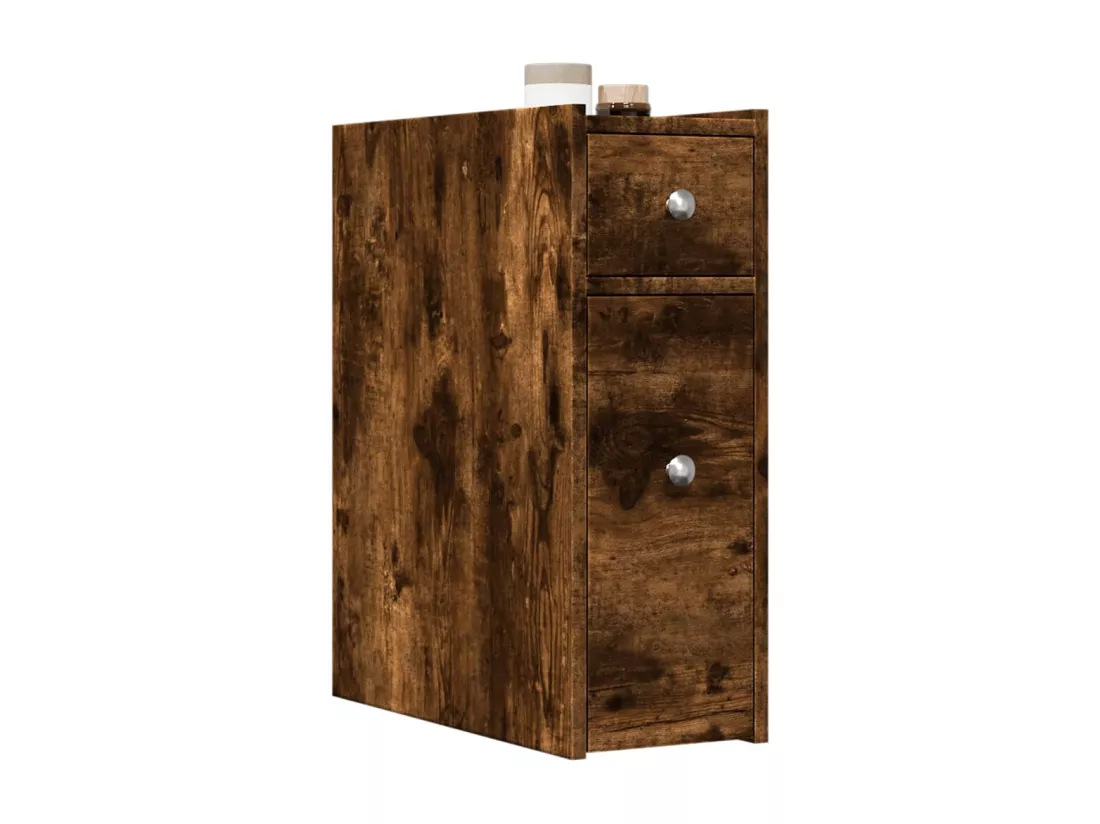 Armoire de salle de bain étroite avec roulettes chêne fumé
