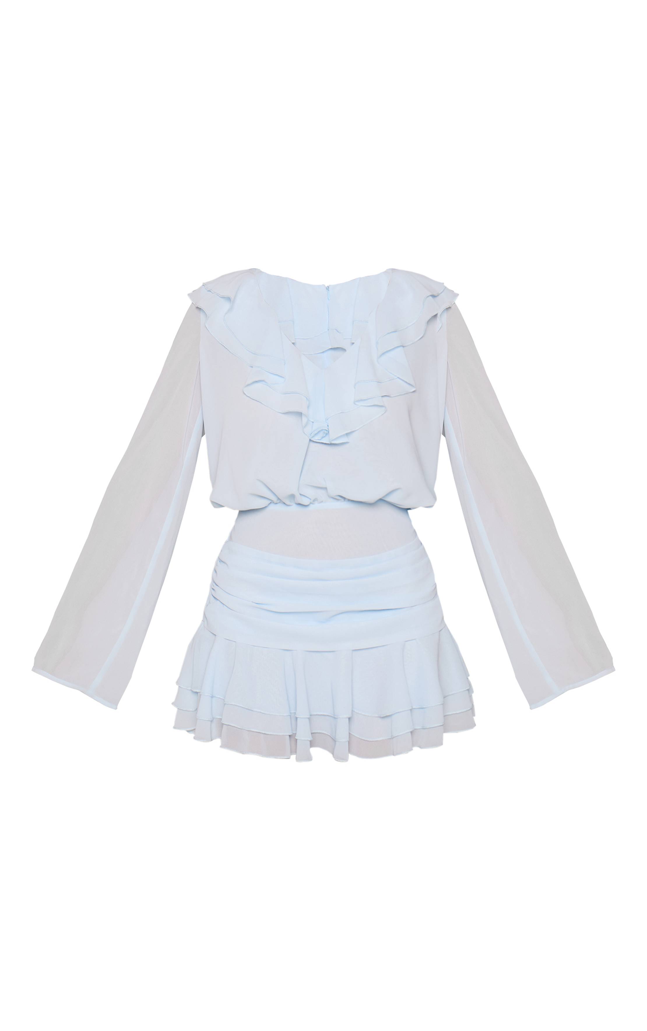 Bleu Pâle Robe Mini En Mousseline À Manches Longues Et Volants