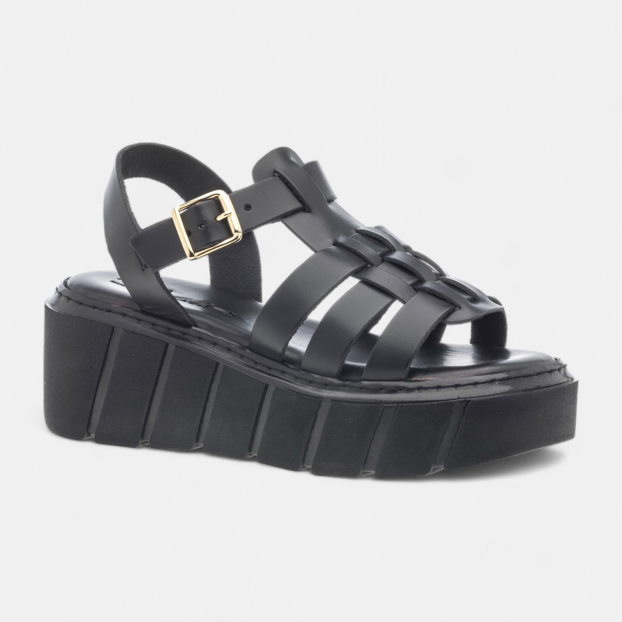 Sandales à talon compensé Femme en cuir noir