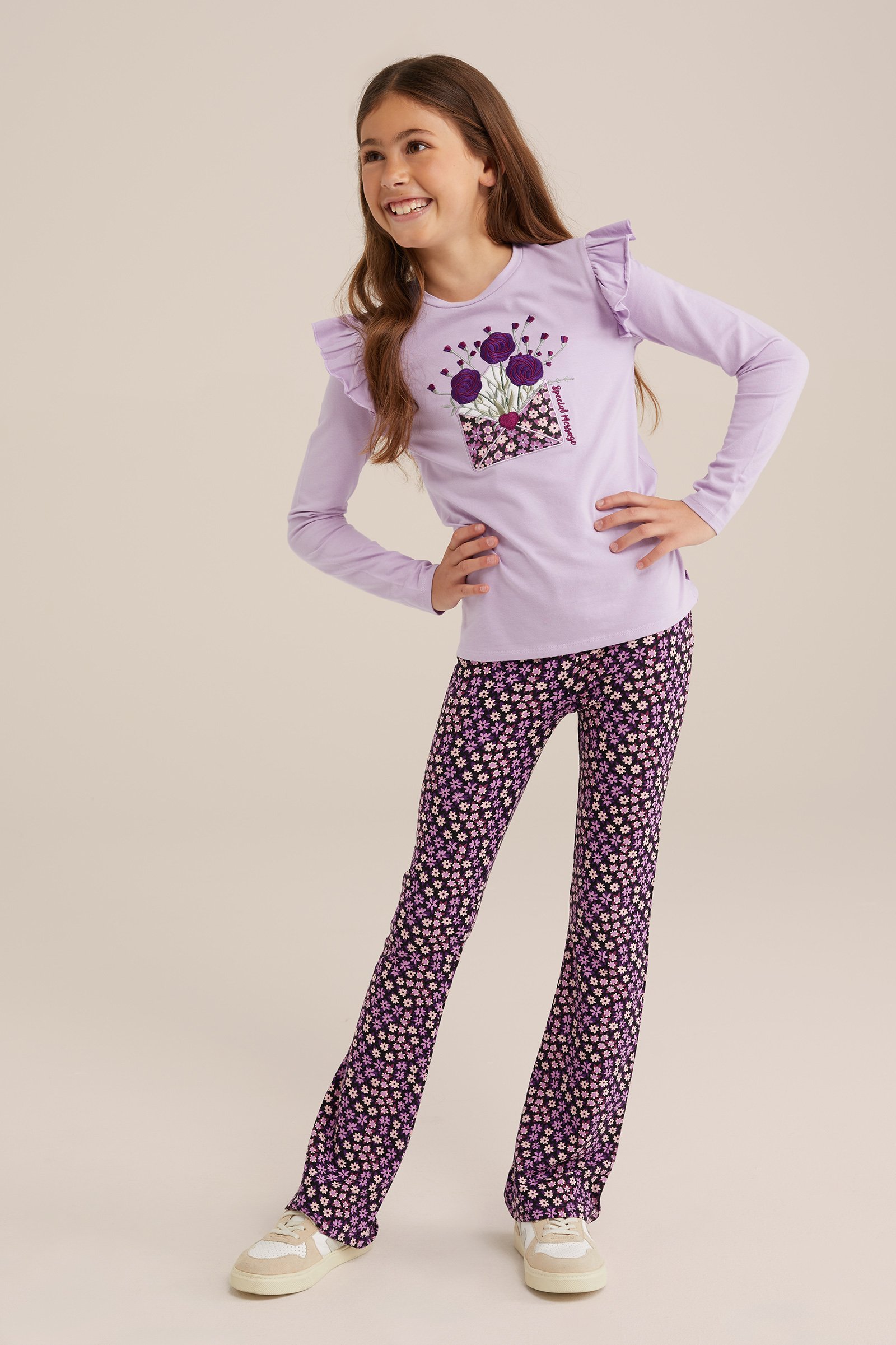 Meisjes flared legging met dessin WE Fashion Paars