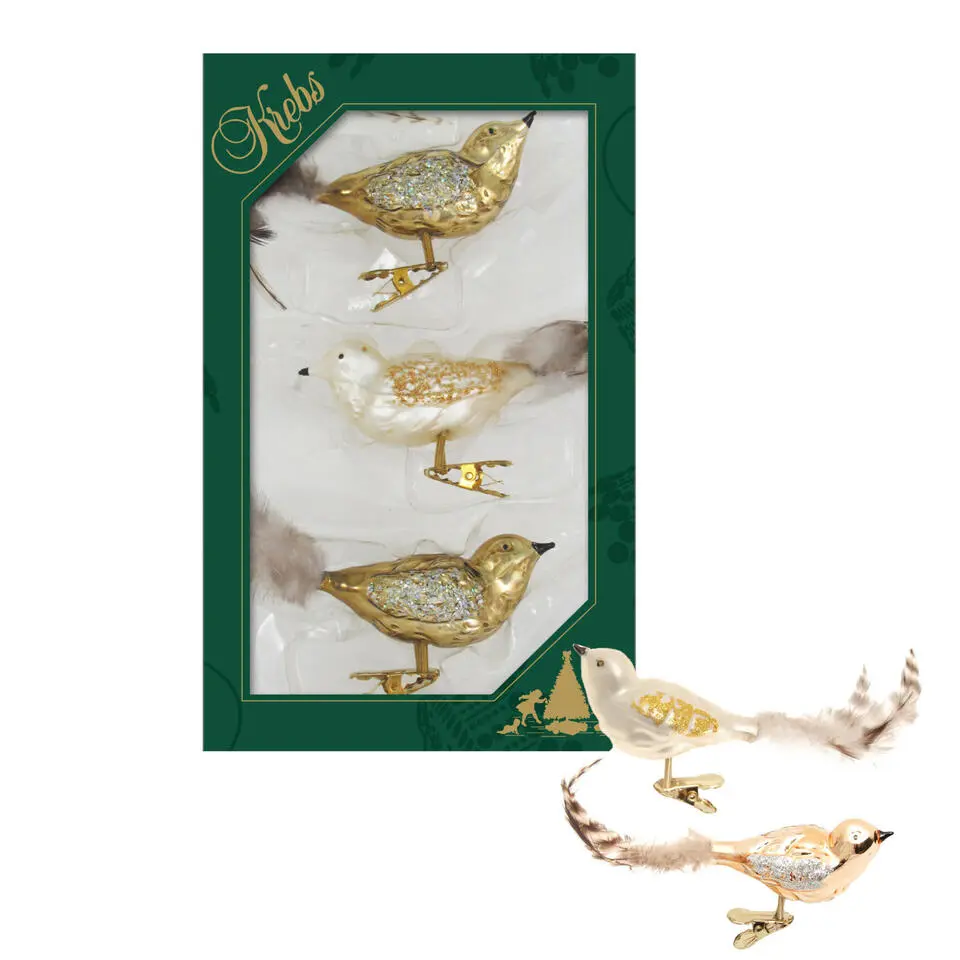 Krebs Vogels - decoratief glas - 3x - op clip - velvet - 11 cm