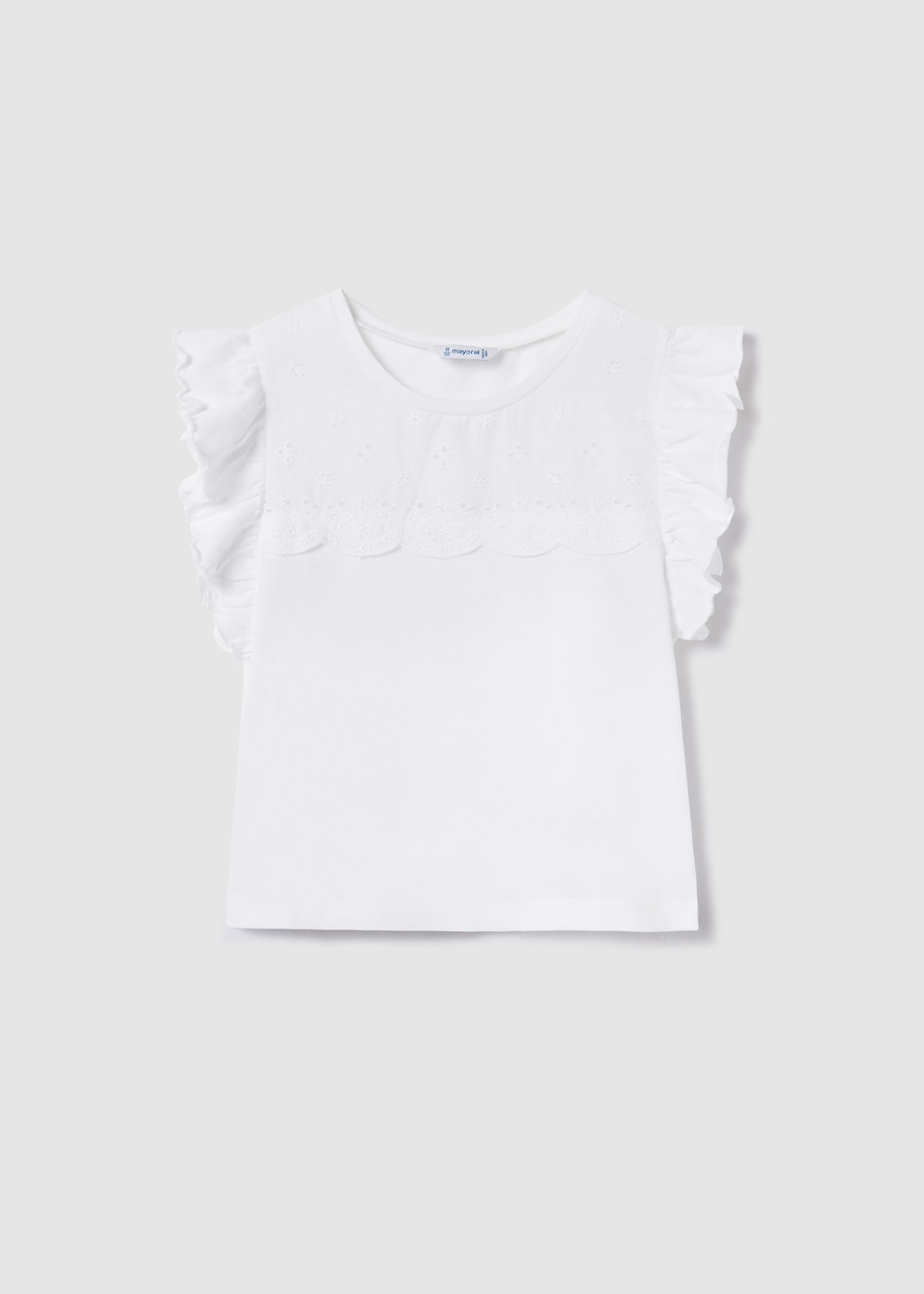 Camiseta regata feminina com babados, feita de algodão sustentável.