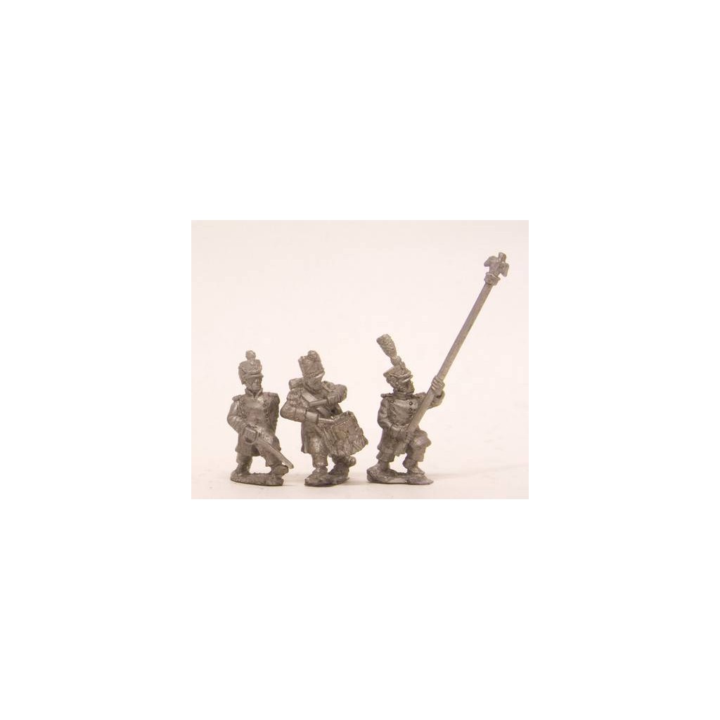 French: Command: Officer, Standard Bearer & Drummer in Greatcoat, advancing