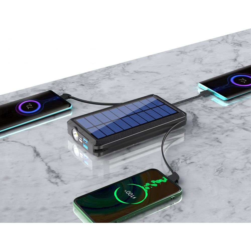 4in1 24000mAh Outdoor Qi Wireless Charger USB Solar Powerbank USB C / Micro USB / Lightning mit Taschenlampe (IP66) - Schwarz