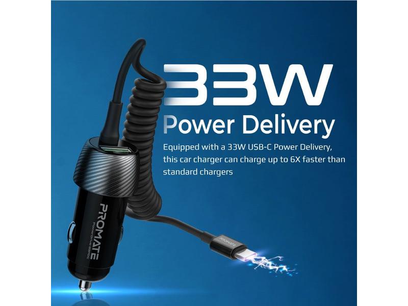 Promate Autoladegerät PowerDrive-33PDC QC3.0, Car Charger Schnelllade-Adapter mit USB-C Spiralkabel