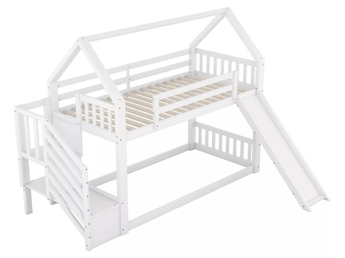 Lit superposé - 2 x 90 x 200 cm - 2 tiroirs et toboggan - pin et MDF - blanc