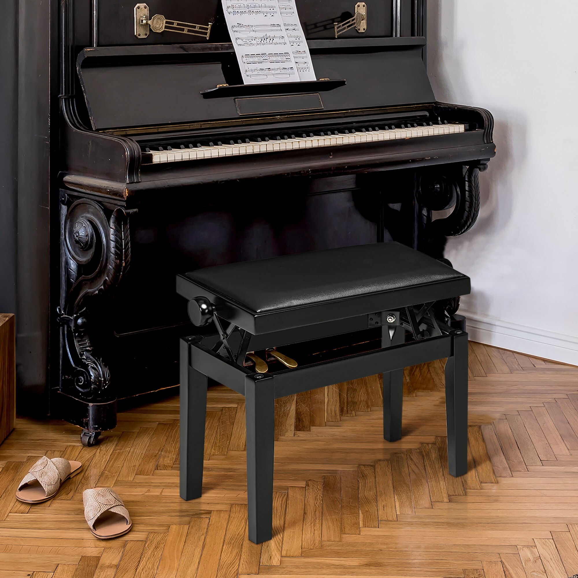 HOMCOM Klavierhocker mit rutschfesten Fußpads schwarz 63L x 33B x 45-56H cm