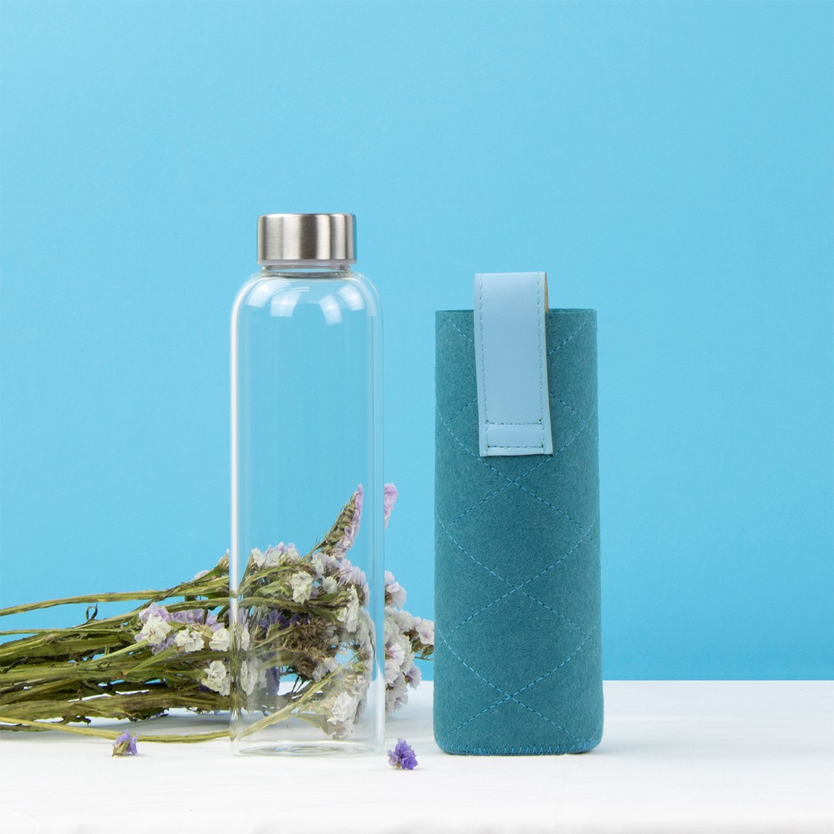 Bouteille en verre - Pochette feutrine - Bleu canard - 550 ml
