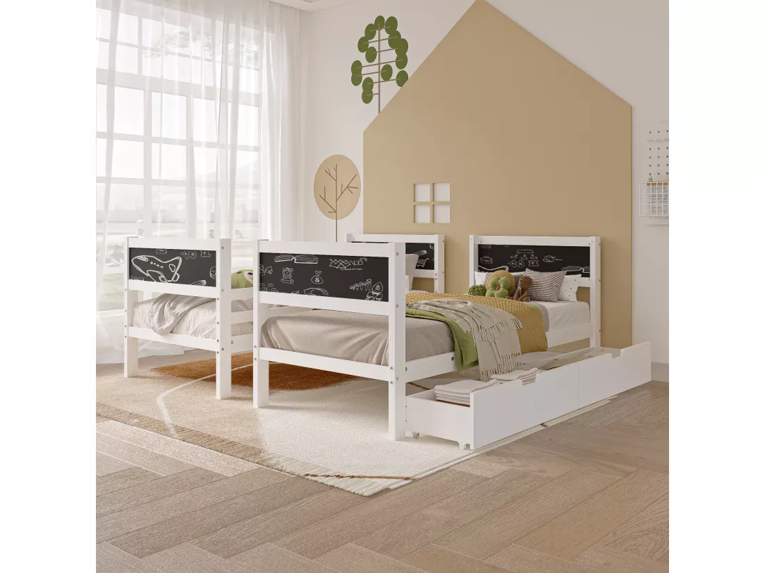 Lit superposé pour enfant - 90x200 cm - avec 4 tableau noir et 2 tiroirs - avec sommiers à lattes - Blanc