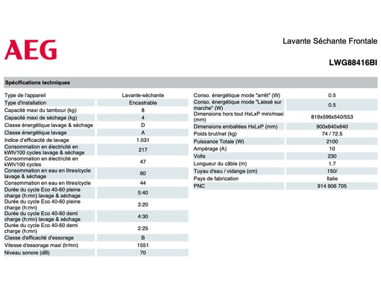 AEG - Lave-linge séchant tout-intégrable lwg88416bi