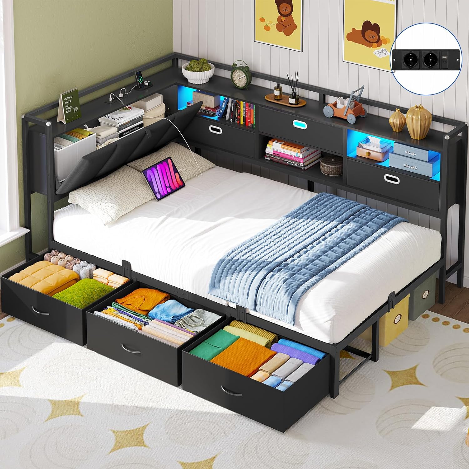 Schlafsofa mit LED-Beleuchtung und Ladestation(2 AC-Steckdosen + 2 USB-Anschlüsse) Jugendbett 90x200 cm mit 6 Schubladen, Tagesbett 90x200 cm, Gepolsterte Rückenlehne mit verstecktem Stauraum
