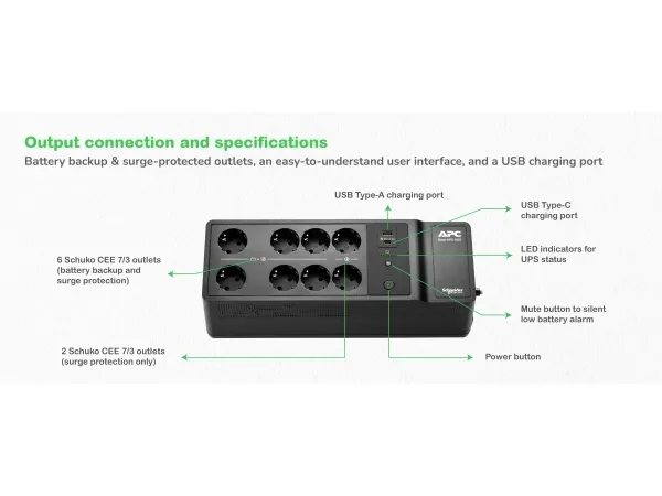 APC Back-UPS - UPS (vægmonterbar/overflademonterbar) - AC 230 V - 600 Watt - 1050 VA - output-stikforbindelser: 10