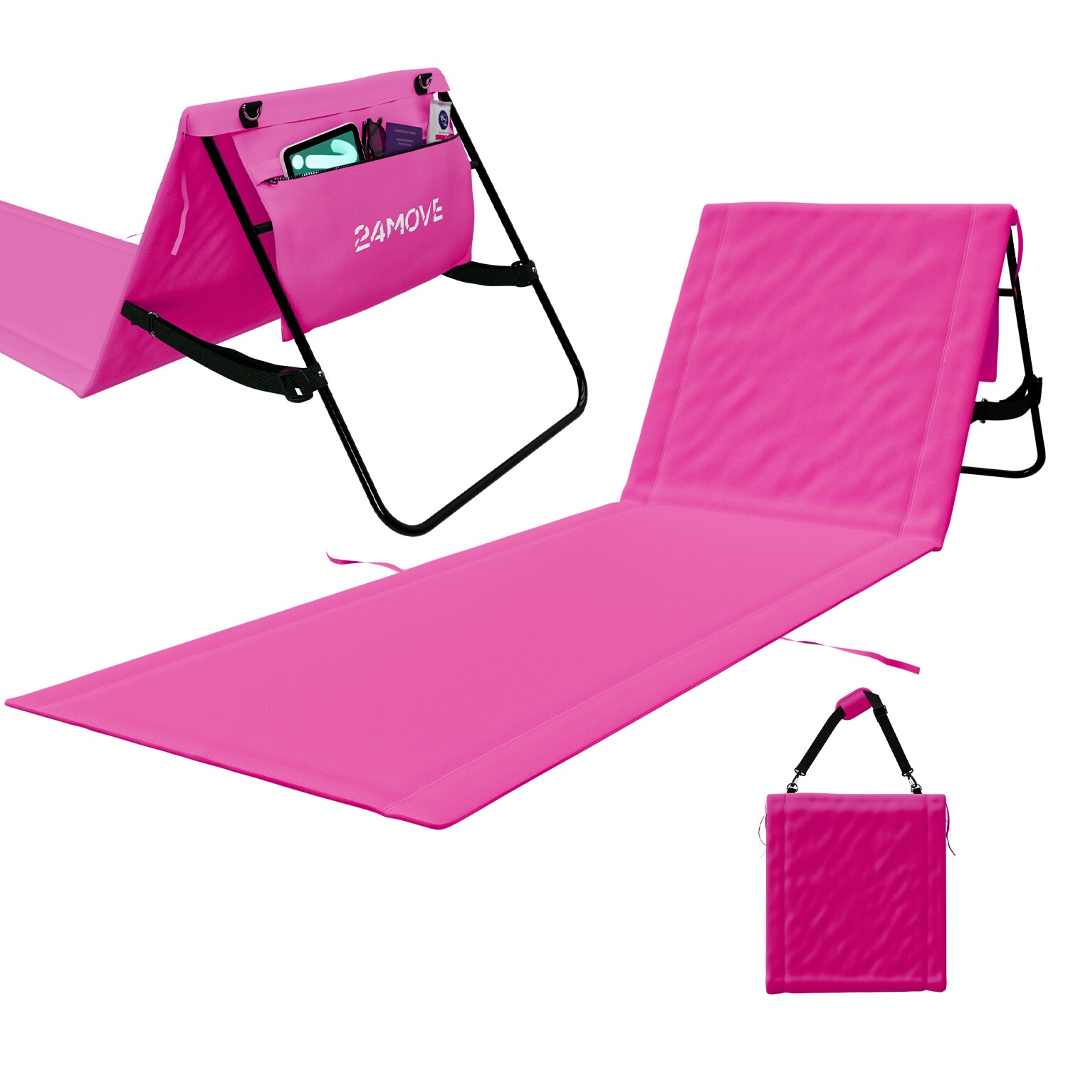 24MOVE® Strandmatte 1er Set klappbar mit Rückenlehne, Strandliege mit Gurt, tragbar für Strand und Garten, Liegematte rosa