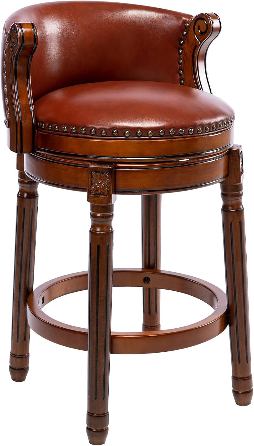 Barhocker Holz – 360° Drehbar Barhocker mit Lehne, Echtleder Sitz, Handgefertigt mit Nagelkopfdekor, Massiver Gummibaumholzrahmen, Retro Barstuhl für Küche & Bar (Braun, Sitzhöhe-65cm)