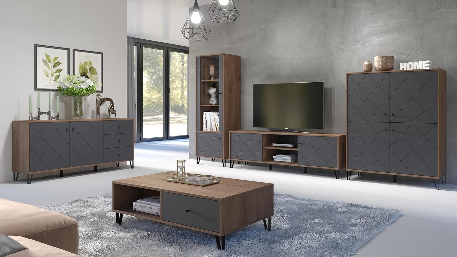 trendteam smart living - Montez - TV-Schrank - Grau/Eiche - TV-Unterschrank mit 2 Türen (für TV bis 65'') und 2 offenen Fächern - (BxHxT) 183 x 56 x 40 cm - Türfront mit Rautenoptik, Soft-Close