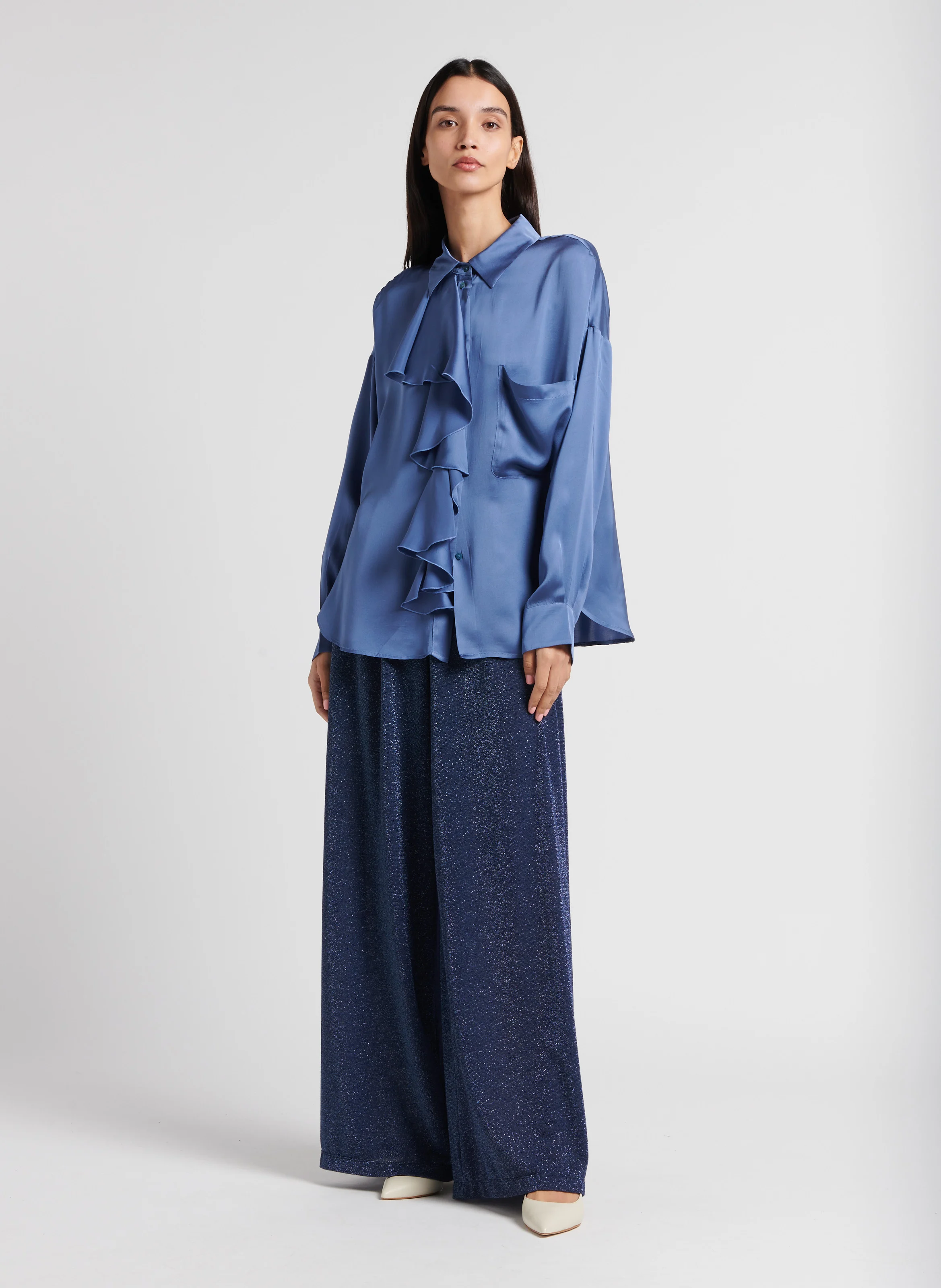 FUJITA - Chemise droite à volants en soie | Blanc