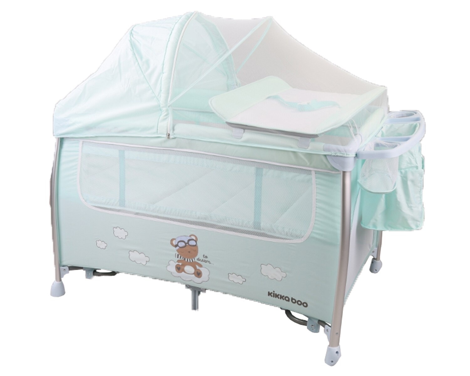 Kikkaboo Reisebett Dreamy Bear, 2 Ebenen, Matratze, Wickelauflage, Wippfunktion grün
