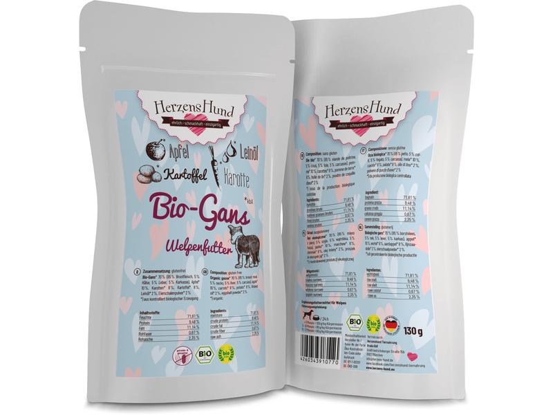HerzensHund Nassfutter Welpe Bio-Gans mit Bio-Apfel, 130 g Premium Bio-Ergänzungsfuttermittel für Welpen