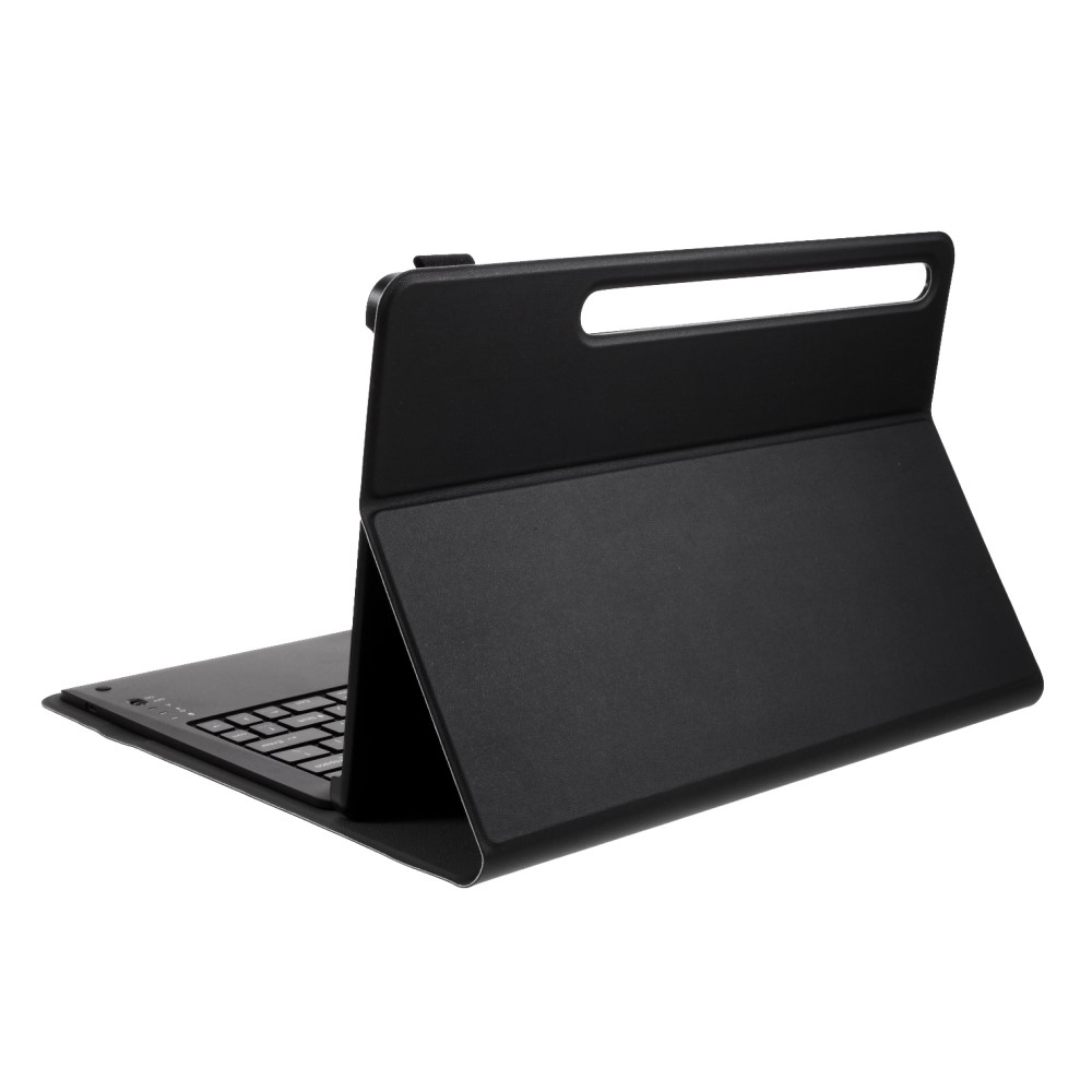 Samsung Galaxy Tab S8  Plus / Tab S7  Plus Leder Tasche mit Bluetooth Tastatur (QWERTY)   Touch Pen Halterung Litchi Look - Schwarz