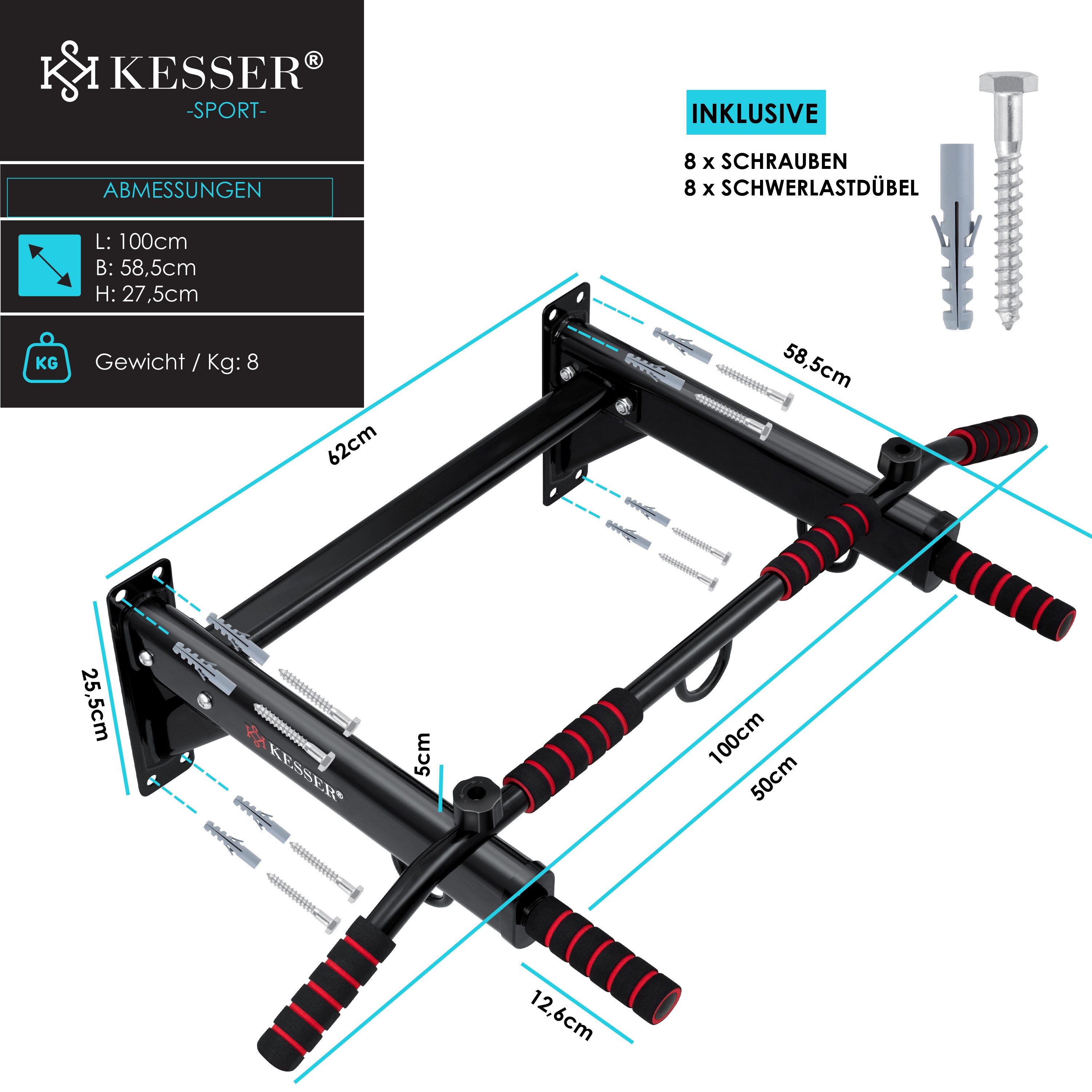 KESSER® 4in1 Klimmzugstange zur Wandmontage rutschfesten Griffen zusätzliche Funktion für Seile Ringe und Boxsäcke mit verschiedenen Griffpositionen | sicher & stabil | Pull Up Bar für zuhause