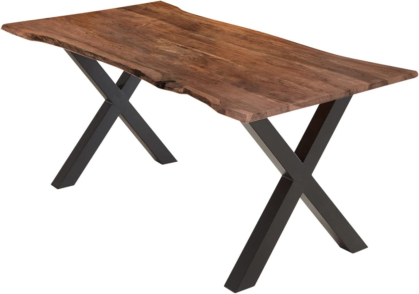 SAM Esstisch 120x80 cm Burgos, Akazienholz massiv + nussbaumfarben + lackiert, echte Baumkante, Baumkantentisch mit X-Gestell aus Metall schwarz, Tischplatte 26 mm