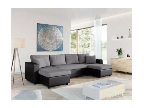 Canapé d'Angle Panoramique 6 Places Maria Convertible en simili et microfibre - Gris/Noir - L295 x P146 x H81cm - Loungitude