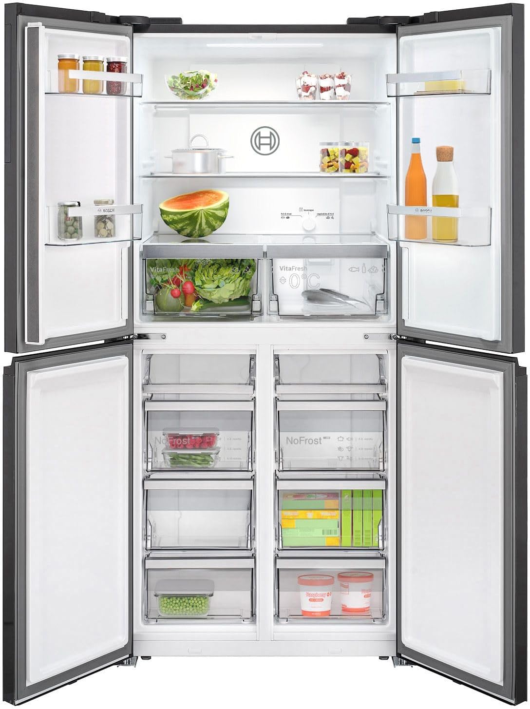 Bosch KMC85LBEA, Serie 4, French Door Kühlschrank, 189,5 x 85,5 cm, 324 L Kühlen & 223 L Gefrieren, NoFrost, Vita Fresh XXL für längere Frische, Glasfront Schwarz, schneller Kühlen, LED-Beleuchtung