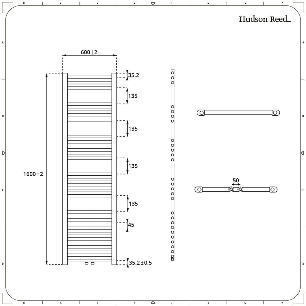 Hudson Reed Neva - Handtuchheizkörper 1600mm x 600mm in Weiß mit Mittelanschluss