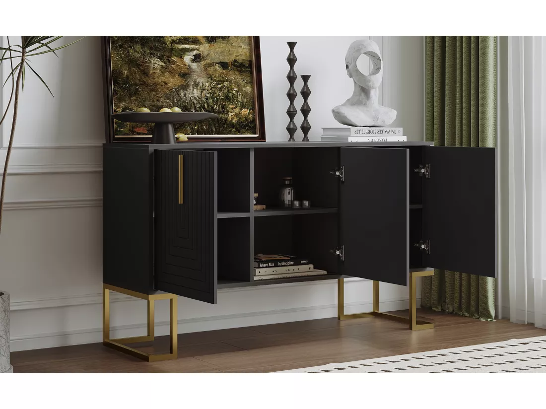 Commode buffet haut avec 3 portes noir mat motif de forme U H81/B138/T40 CRUUGREN BLACK