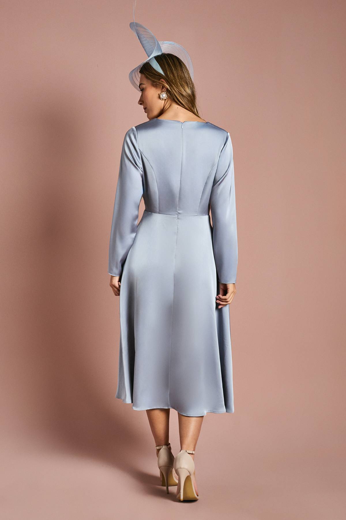 Coast Robe Midi Satinée à Manches Longues avec Drapé Cascade
