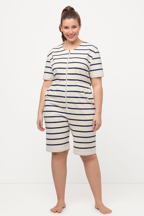 Loungewear-Jumpsuit, Ringel, Rundhals, Zipper, Halbarm