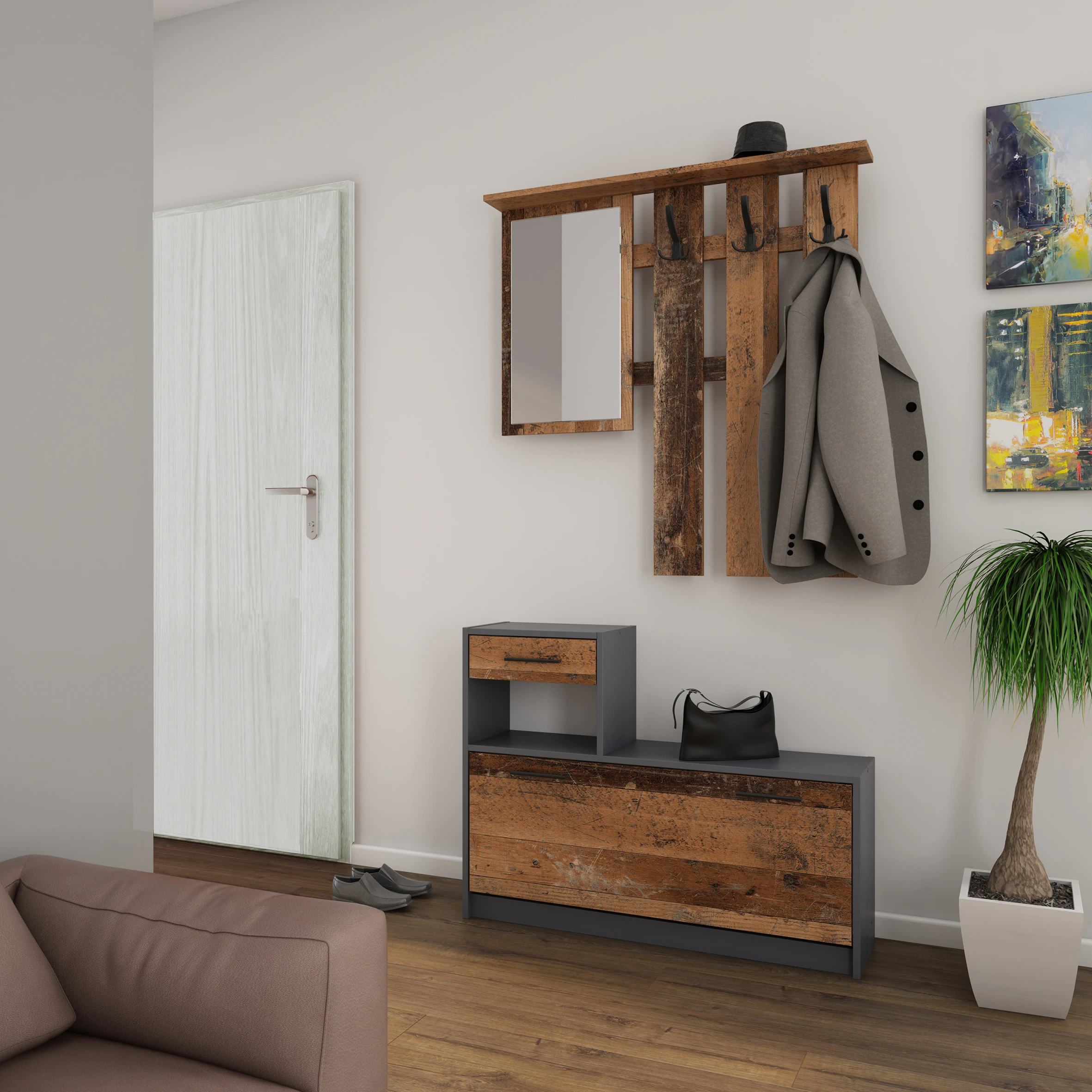 byLIVING Garderoben-Set TAMINA, Breite 97 cm, Old Wood (Altholz-Optik)/anthrazit
