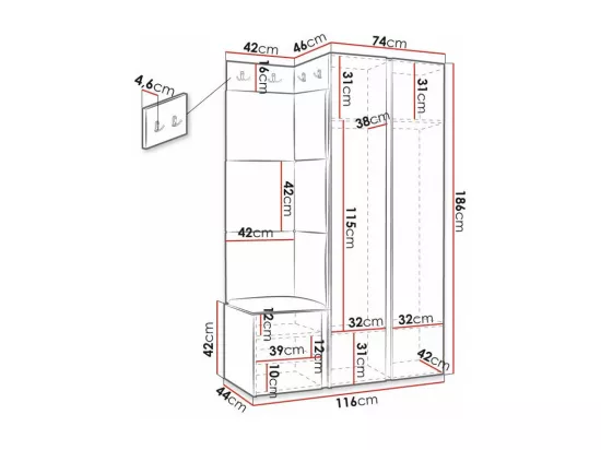 Meuble d'entrée Hartford 387, 186x116x46cm, Brun clair|Blanc, MDF|Stratifié|Tapisserie